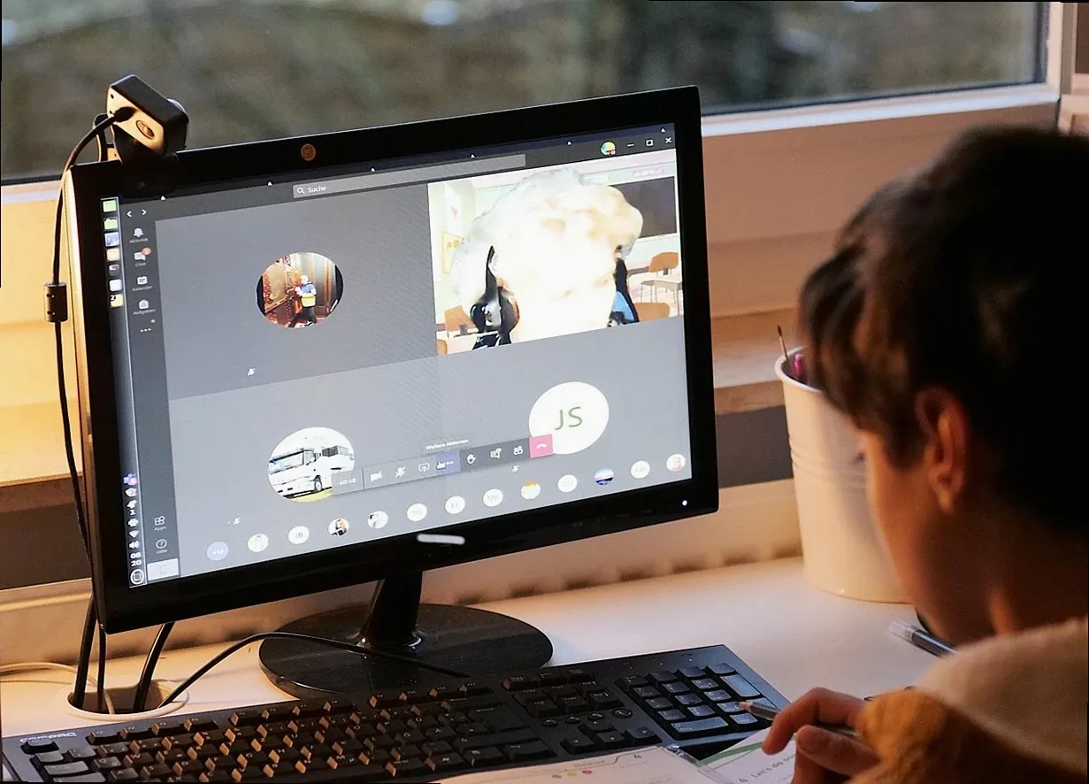 child, student, video conference, computer, monitor, screen, webcam, video call, education, e-learning, distance learnin