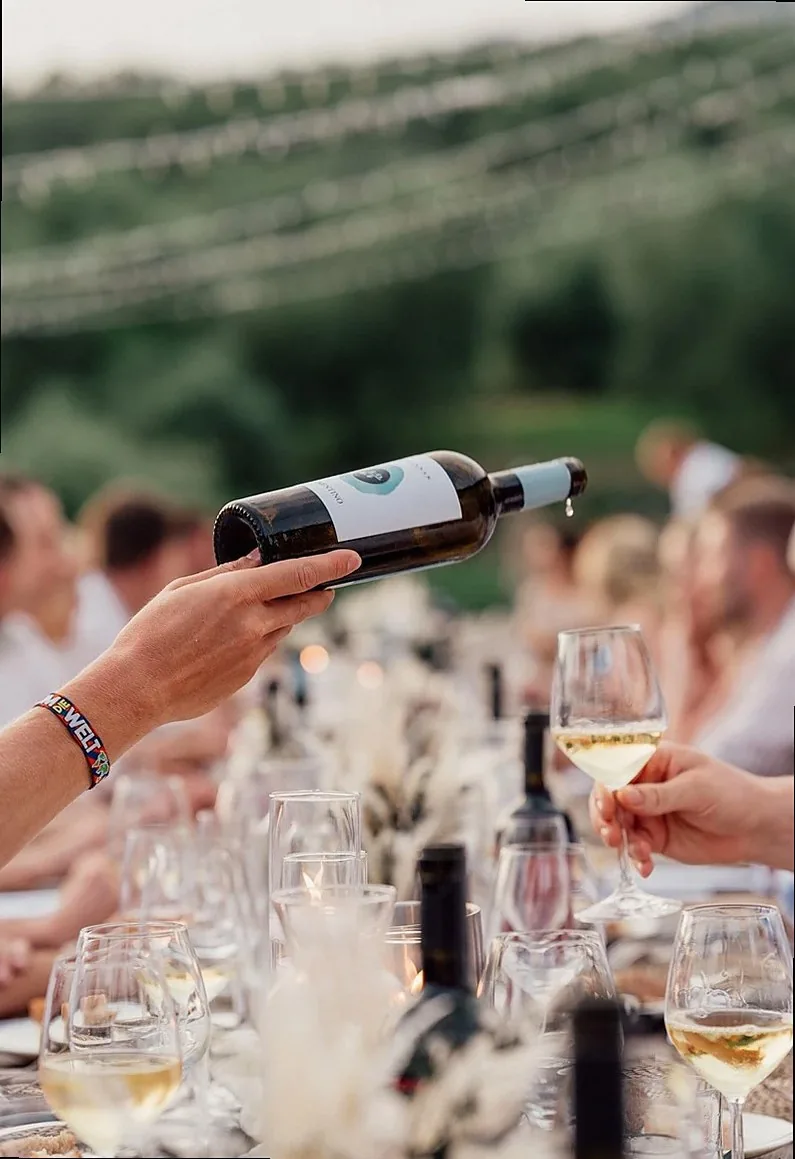 wine, wedding, party, vinery, white wine, long table, table, dinner, glass, pouring, drinks, people