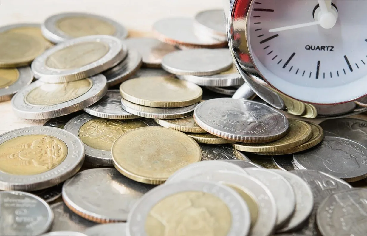 coins, currency, money, cash, time, value, business, clock, pointer, minutes, hours, seconds